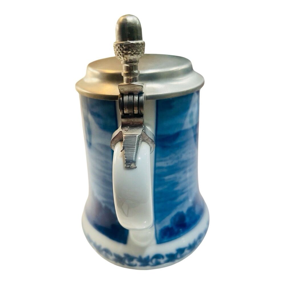 German Beer Stein Berlin Design Hohenzollern Castle Pewter Lid Blue White 1980 - Picture 2 of 8